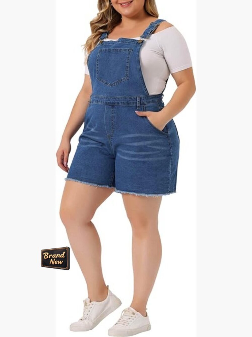 Plus Size Denim Overall Shorts Raw Hem Adjustable Strap Pockets